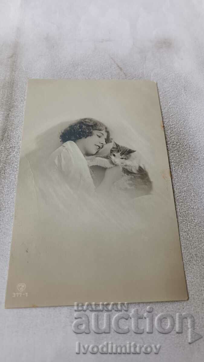 Postcard Young Girl and Kitten 1921