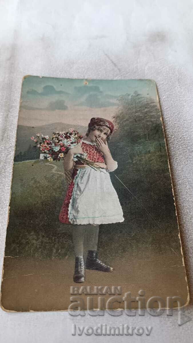 Пощенска картичка Момиче с цветя Пловдивъ 1917 Ц К
