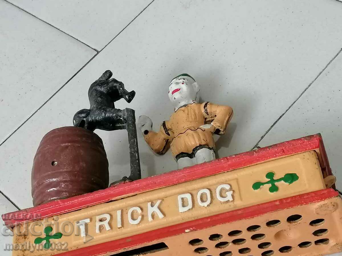 Old relief cast iron children's toy Dog piggy bank WORKS - 5 Old relief cast iron children's toy Dog piggy bank WORKS - 5