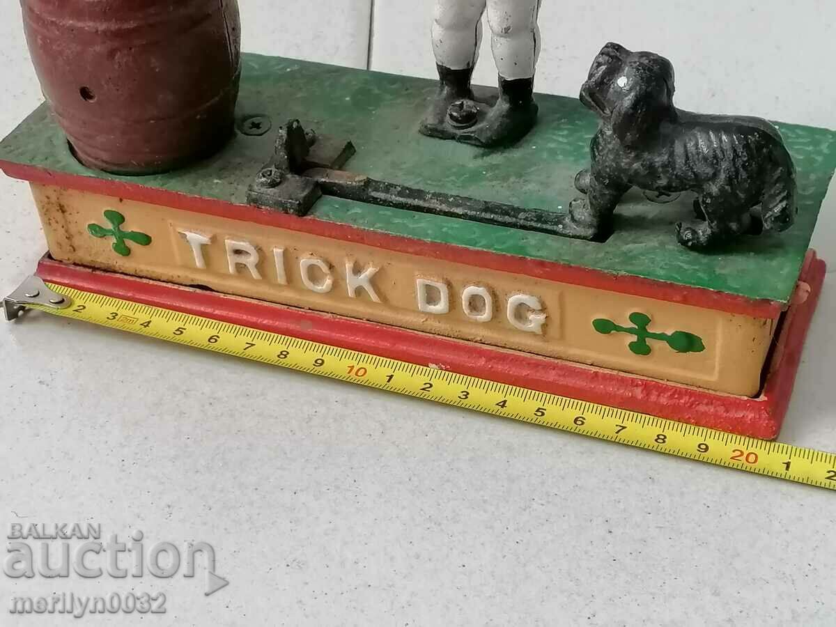 Old relief cast iron children's toy Dog piggy bank WORKS - 7 Old relief cast iron children's toy Dog piggy bank WORKS - 7