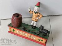 Old relief cast iron children's toy Dog piggy bank WORKS
