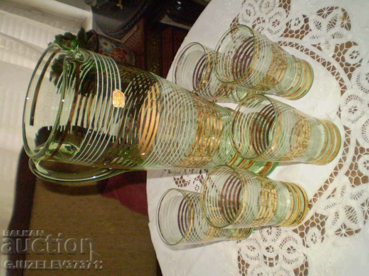 Auction Vintage wine service green glass gold rim Auction Vintage wine service green glass gold rim