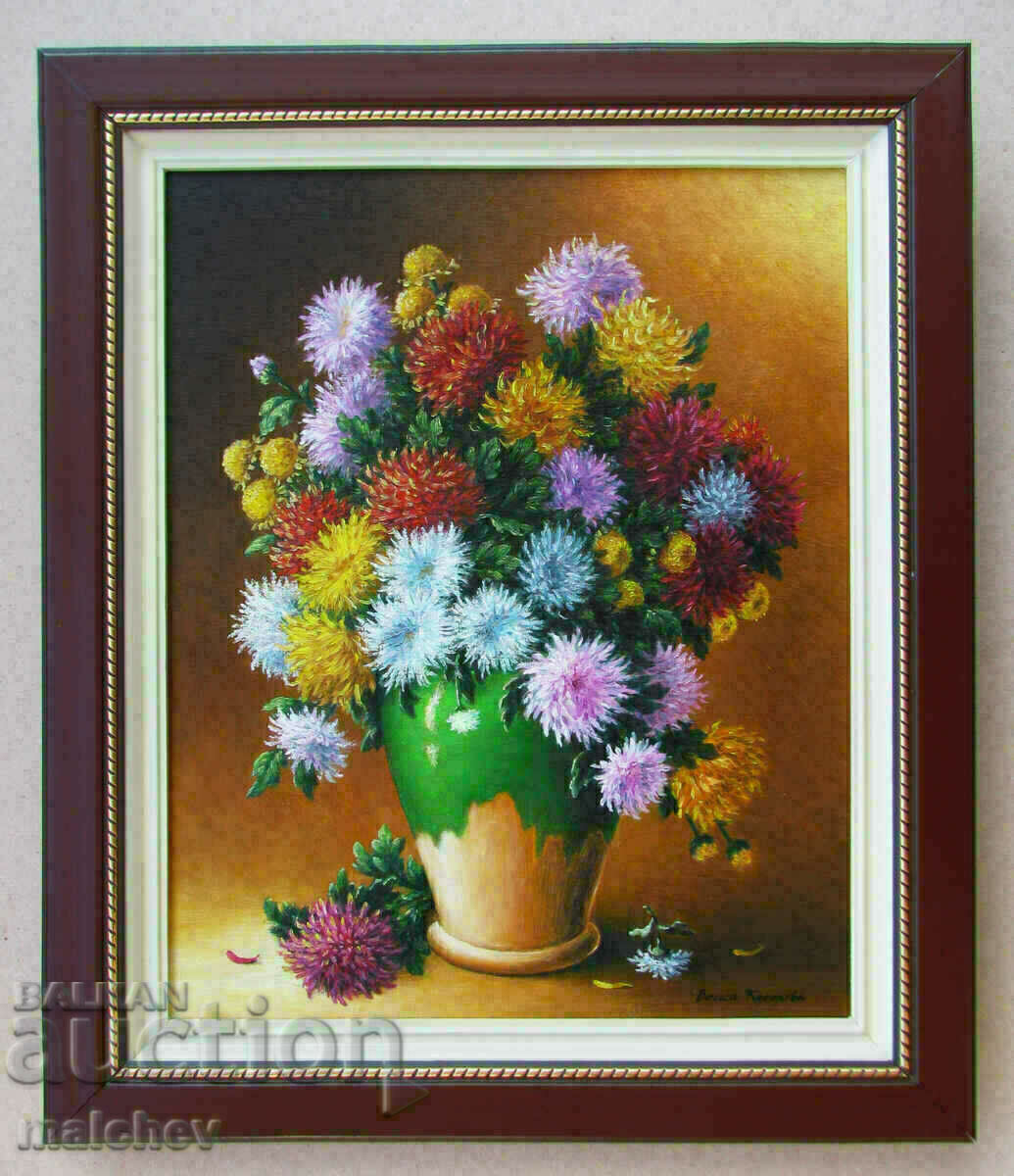 Pictură în ulei Crizanteme, Veska Kostova, într-un cadru 43/51 cm
