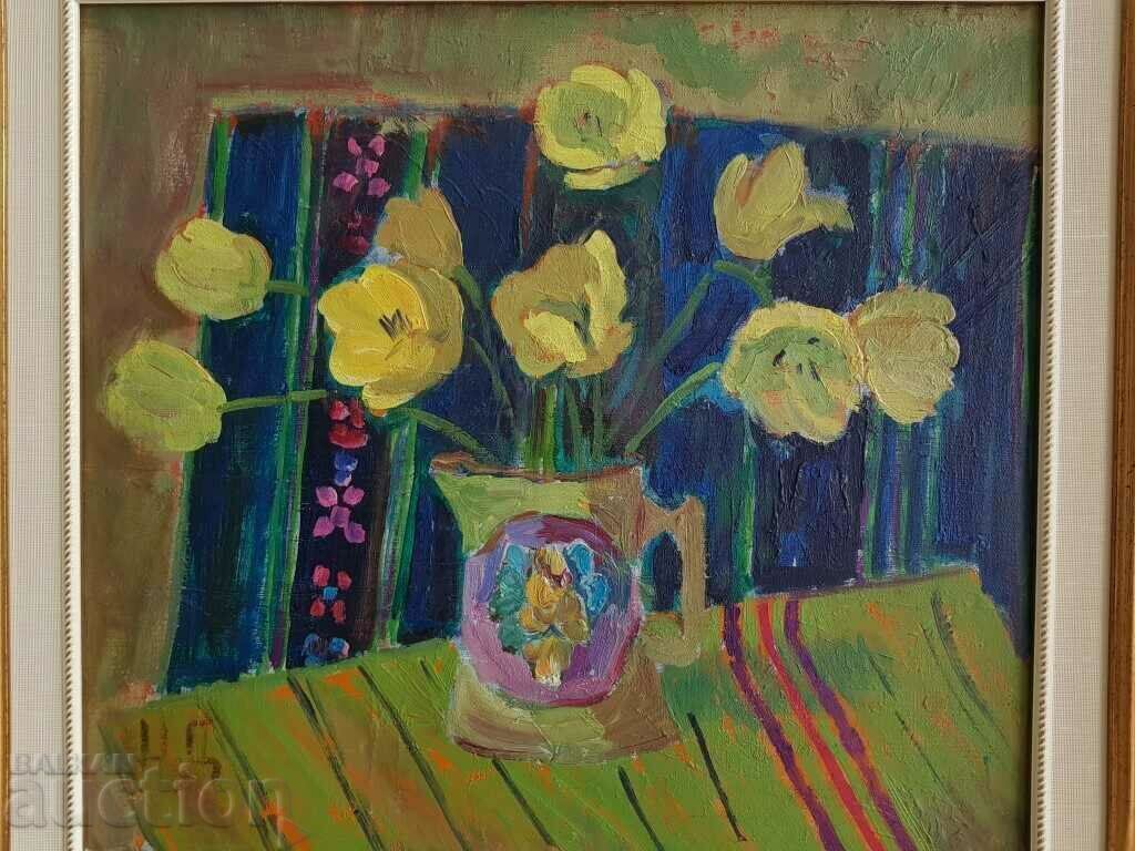 NEVENA DIMITROVA 1927 Beautiful Still Life Tulips 1970s with price 1850.00 BGN | € 945.89 NEVENA DIMITROVA 1927 Beautiful Still Life Tulips 1970s with price 1850.00 BGN | € 945.89