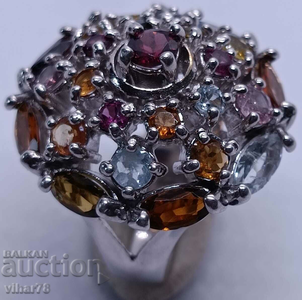 Auction Massive Silver ring with a huge bouquet of stones Auction Massive Silver ring with a huge bouquet of stones