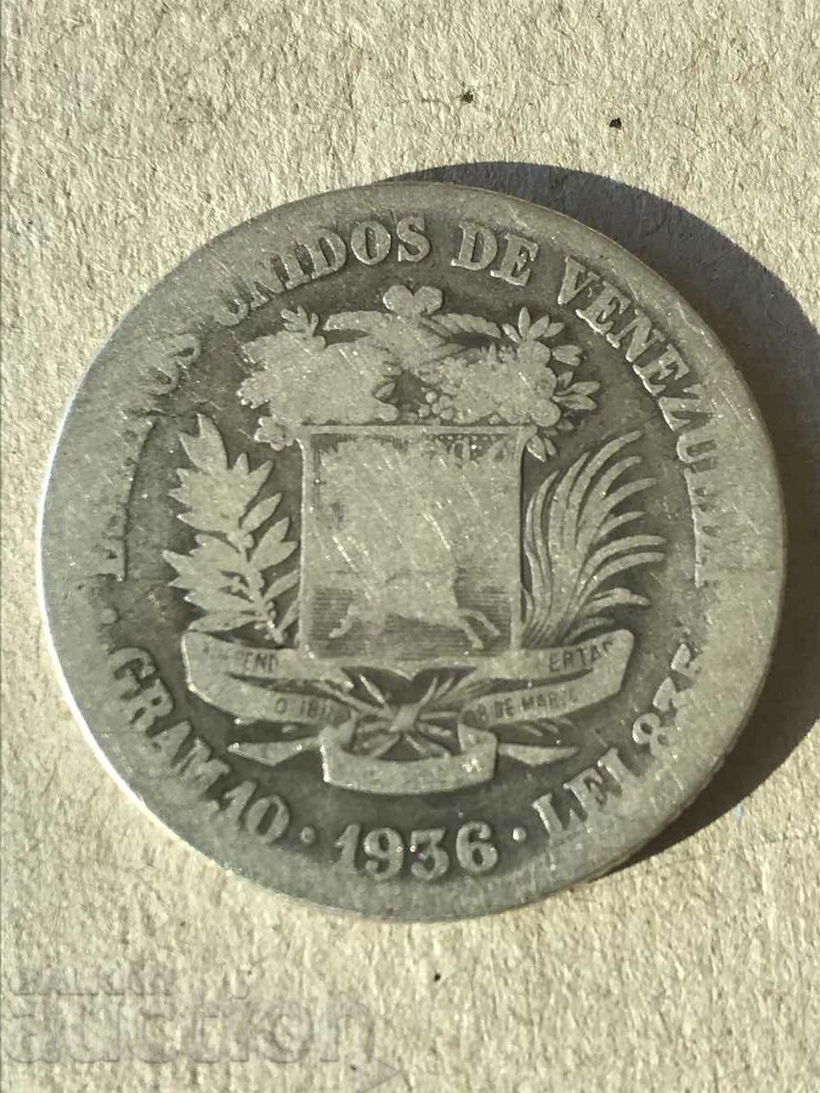 Венецуела 2 боливара 1936 Симон Боливар сребро инвестиция