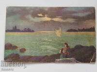 Old postcard girl and fisherman from the front censorship 1917 K386