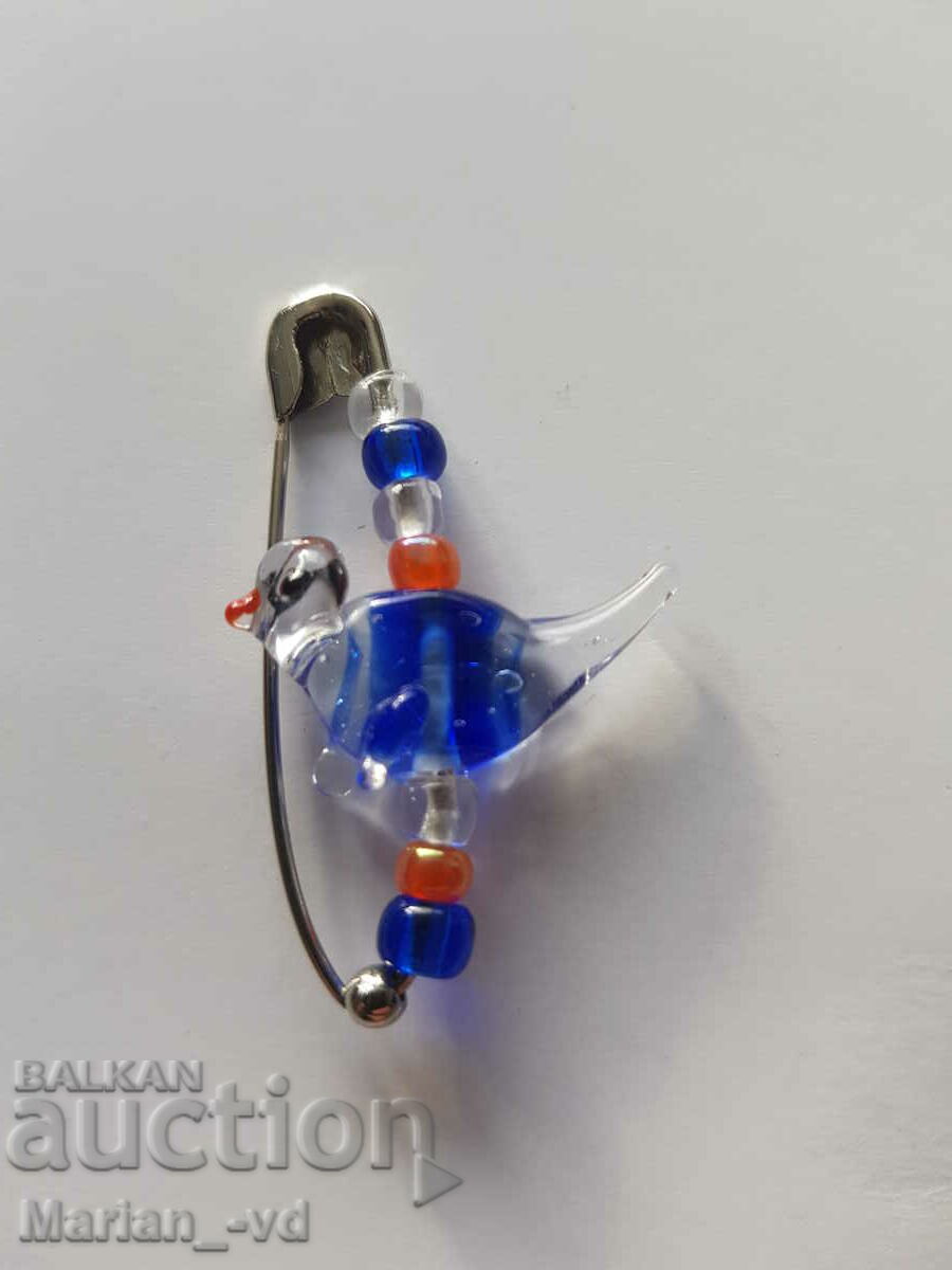 Mini glass bird on a safety pin