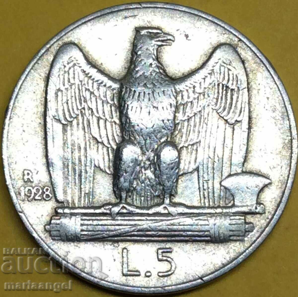 5 λίρες 1928 Ιταλία ασήμι - σπάνιο έτος