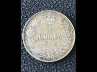 Сърбия 2 динара 1904 Александър l сребро отлична