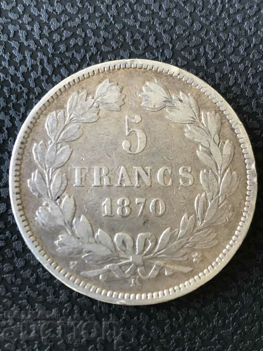 Franța 5 Franci 1870 K Bordeaux Monedă de argint rară cu preț € 74.00 | 144.73 BGN Franța 5 Franci 1870 K Bordeaux Monedă de argint rară cu preț € 74.00 | 144.73 BGN
