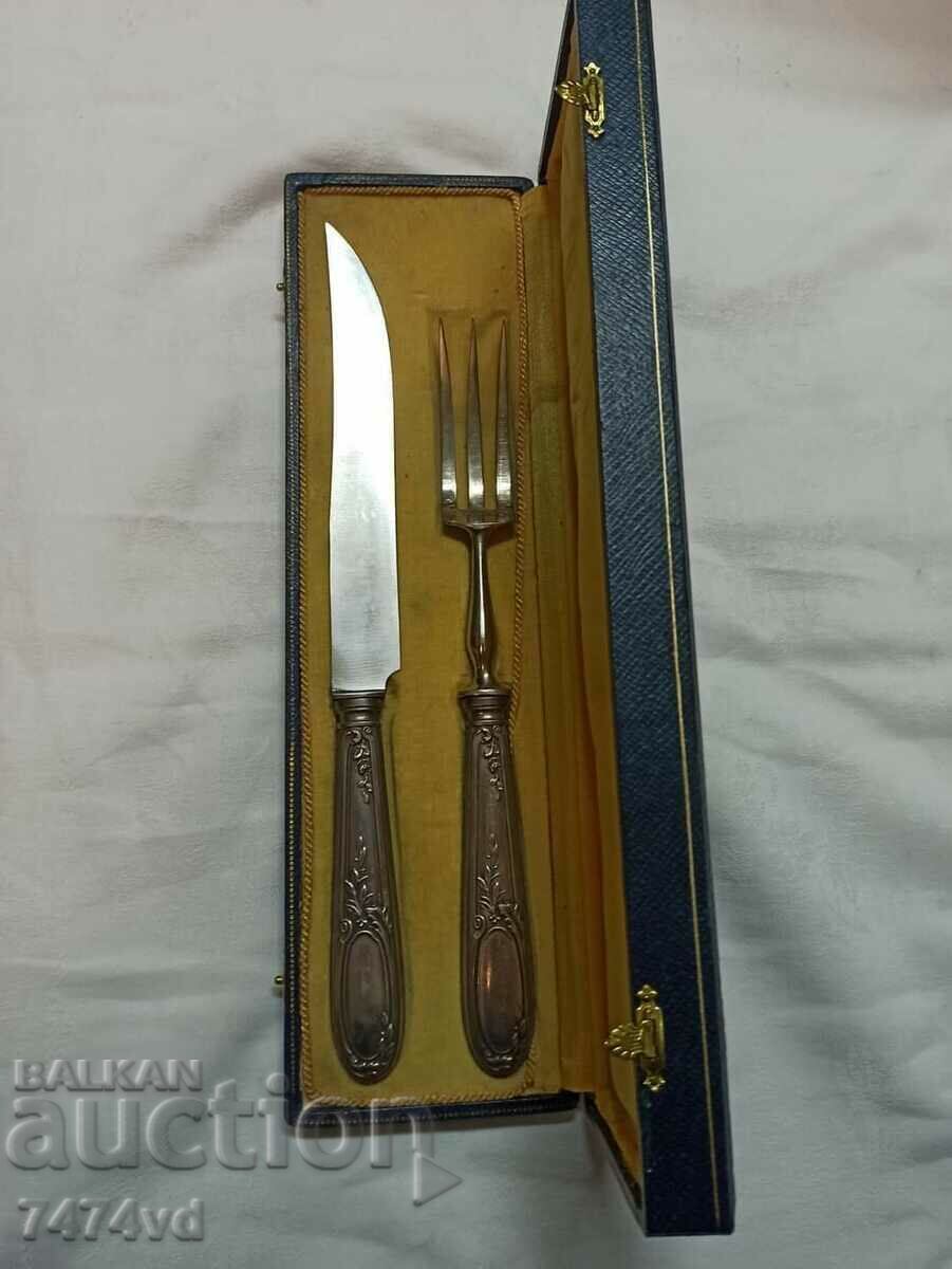 OLD SILVER PLATED UTENSILS FOR MEAT, SALAD, ETC