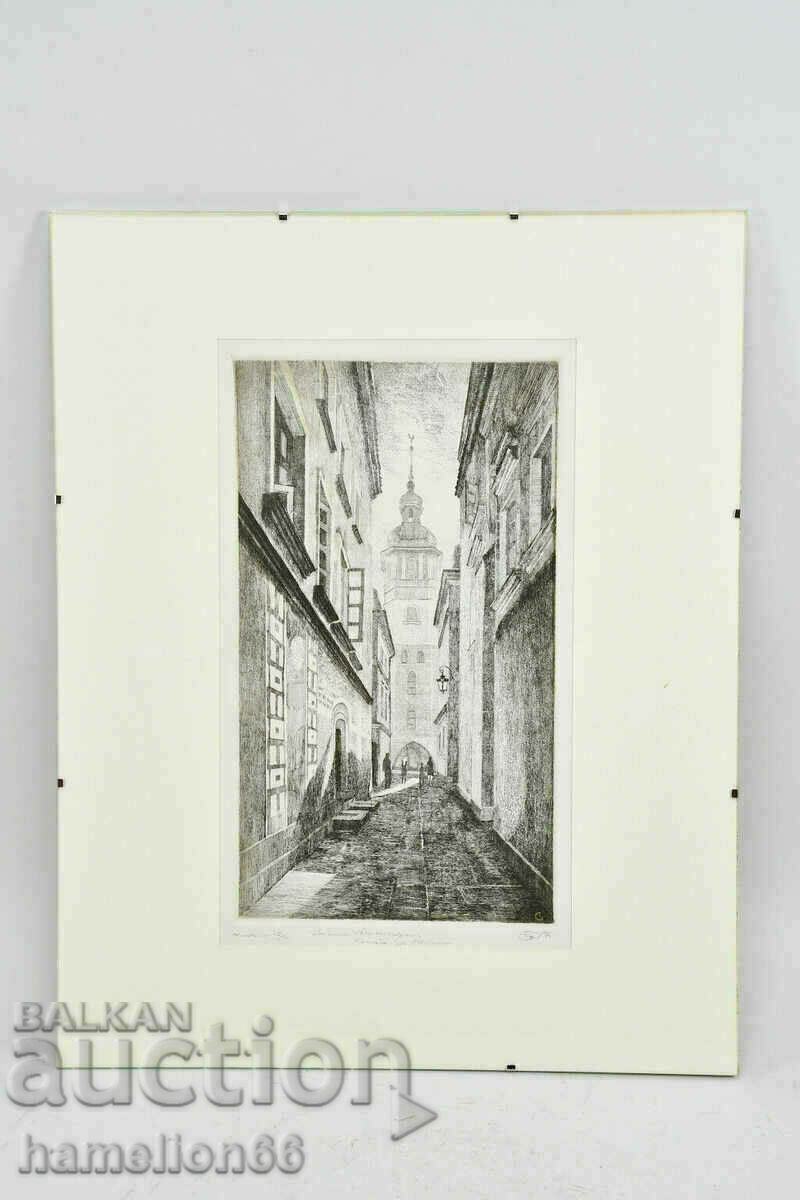 Old graphics, etching with passepartout and glass