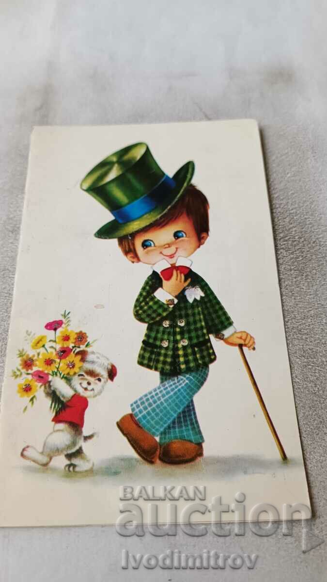 Carte poștală Băiat cu baston și pălărie de sus