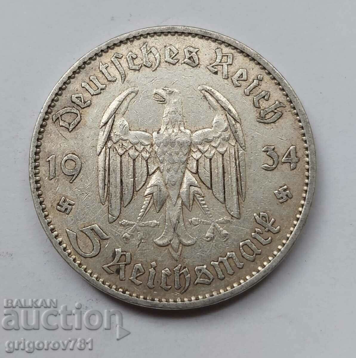 5 марки сребро Германия 1934 A III Райх  сребърна монета №2