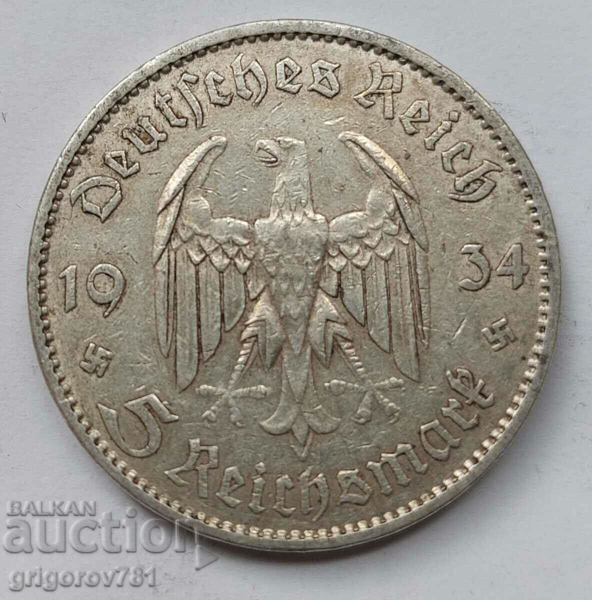 5 марки сребро Германия 1934 A III Райх  сребърна монета №5