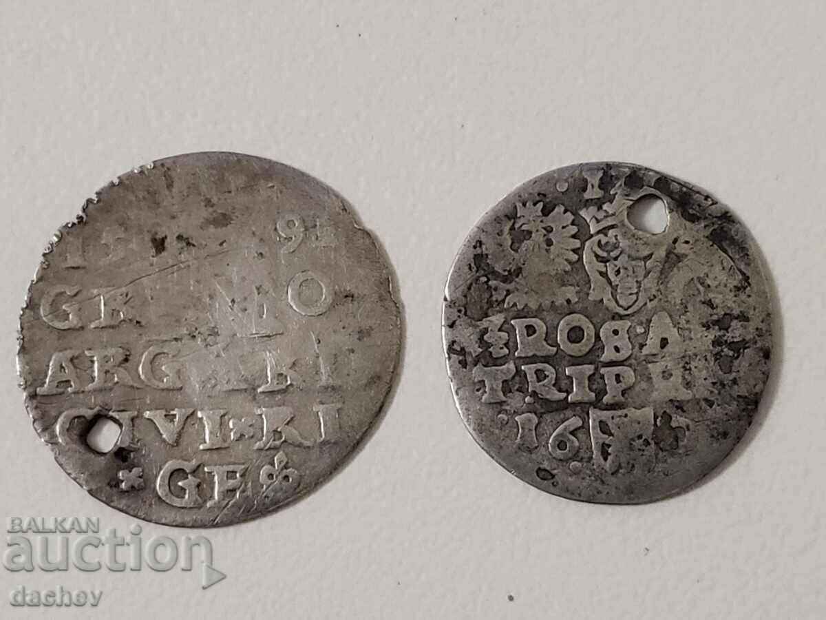 Lot2 Rare Silver Sigismund Thaler Zloty Grosha 1591 Silver