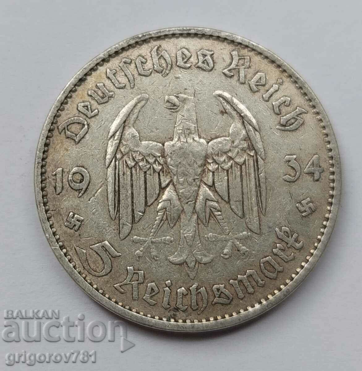5 марки сребро Германия 1934 A III Райх  сребърна монета №7
