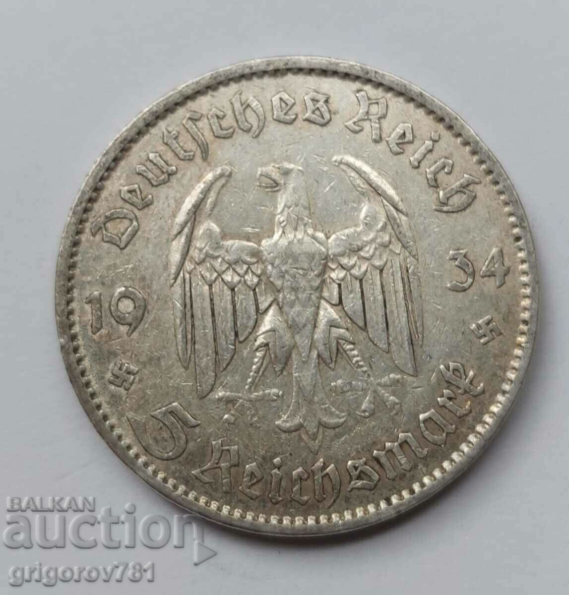 5 марки сребро Германия 1934 A III Райх  сребърна монета №8
