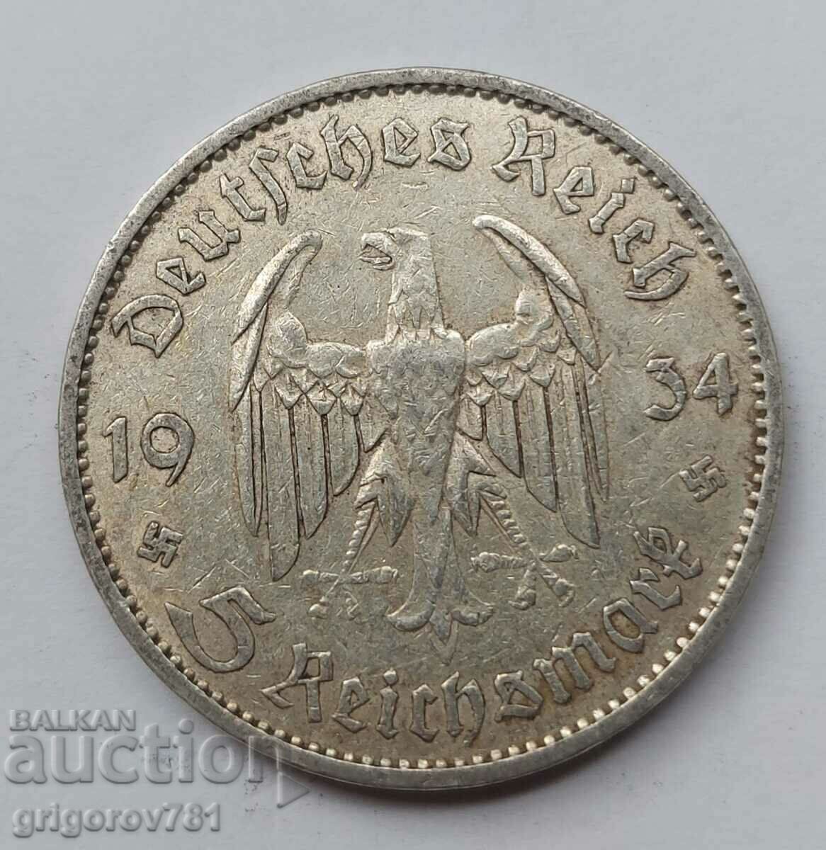 5 марки сребро Германия 1934 A III Райх  сребърна монета №9