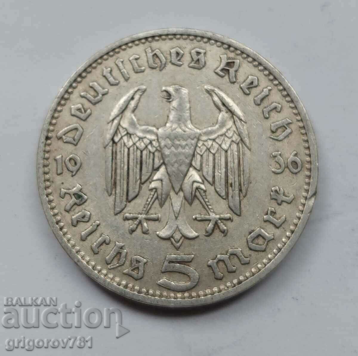 5 Mark Silver Γερμανία 1936 D III Reich Ασημένιο νόμισμα #20