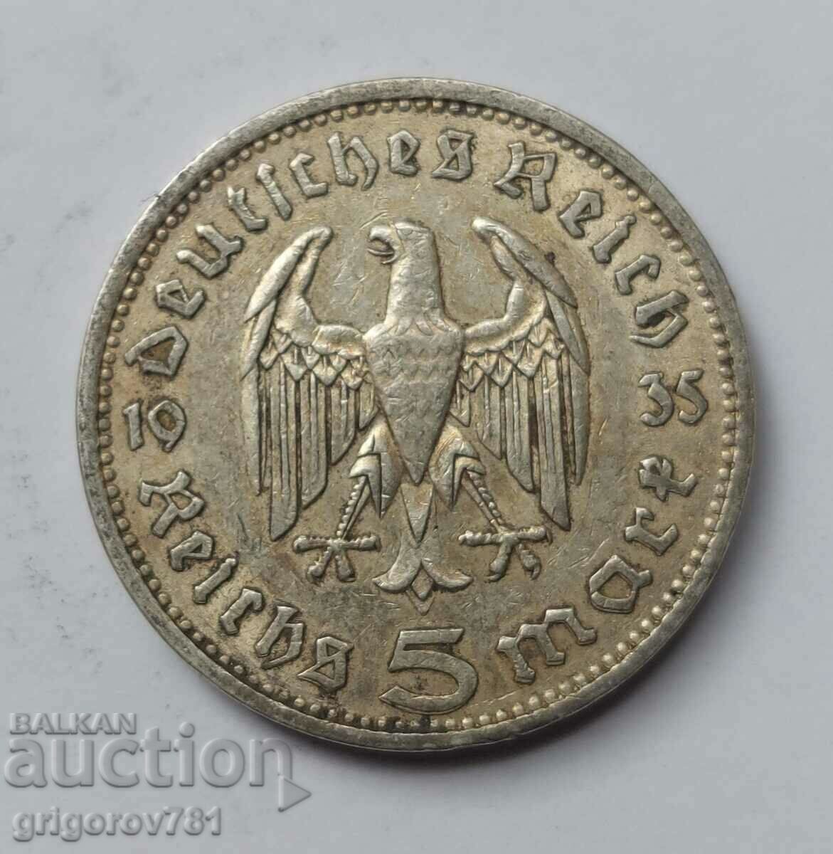 5 марки сребро Германия 1935 A III Райх  сребърна монета №25