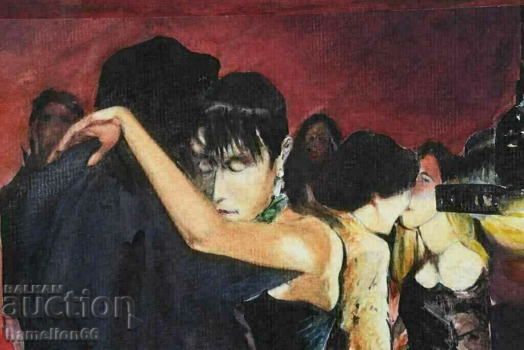 Watercolor, figural composition, billiards, bar scene with price 175.00 BGN | € 89.48