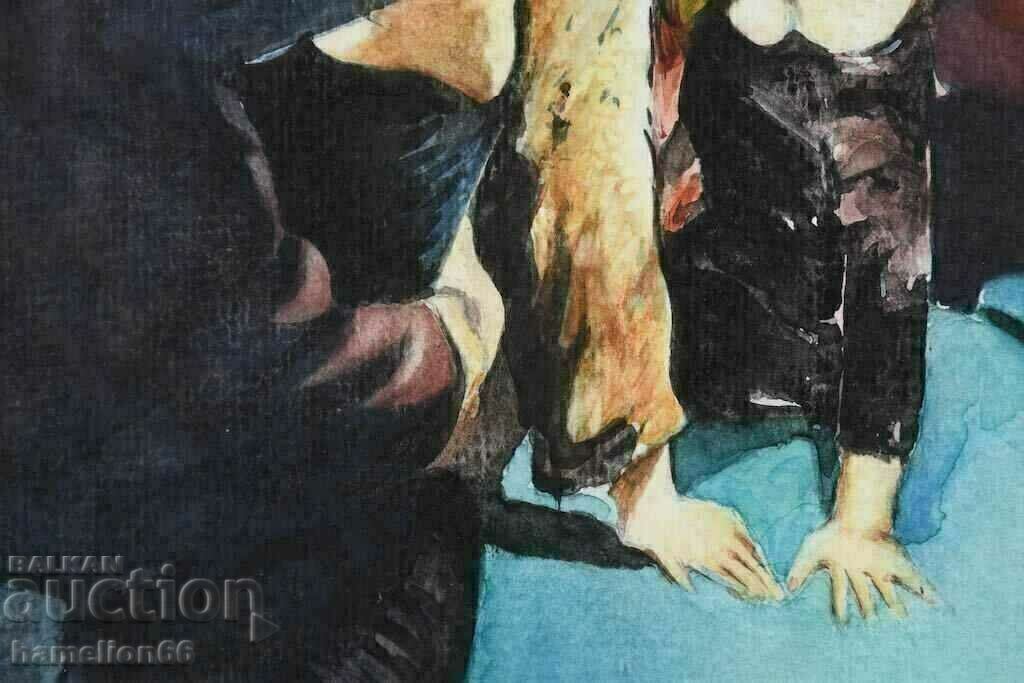 Watercolor, figural composition, billiards, bar scene - 6