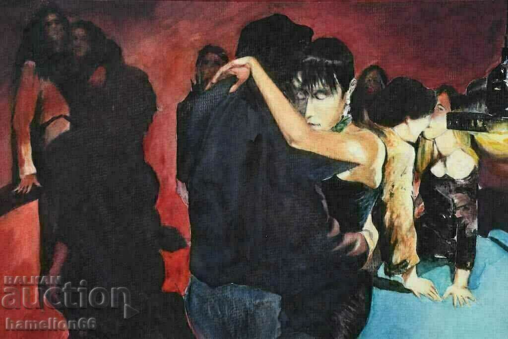 Watercolor, figural composition, billiards, bar scene - 7