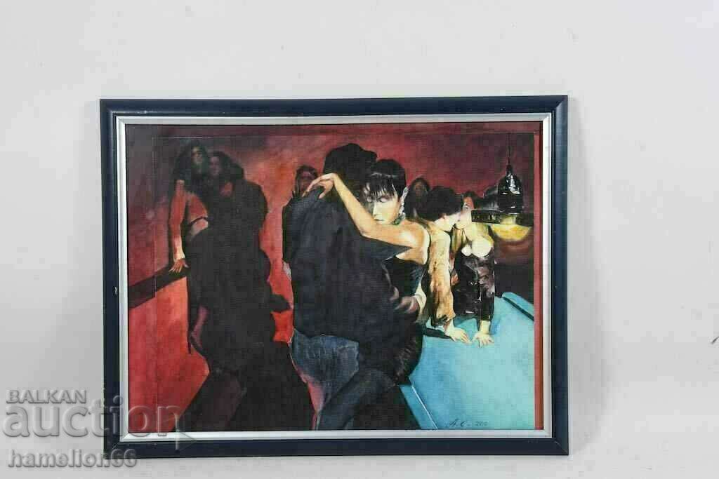 Watercolor, figural composition, billiards, bar scene