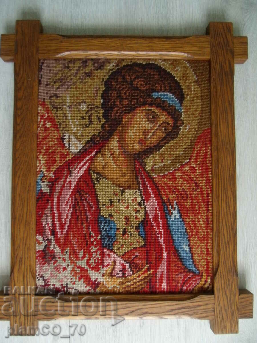 Nr.*6981 tapiserie veche „Arhanghelul Mihail” cu rama de lemn