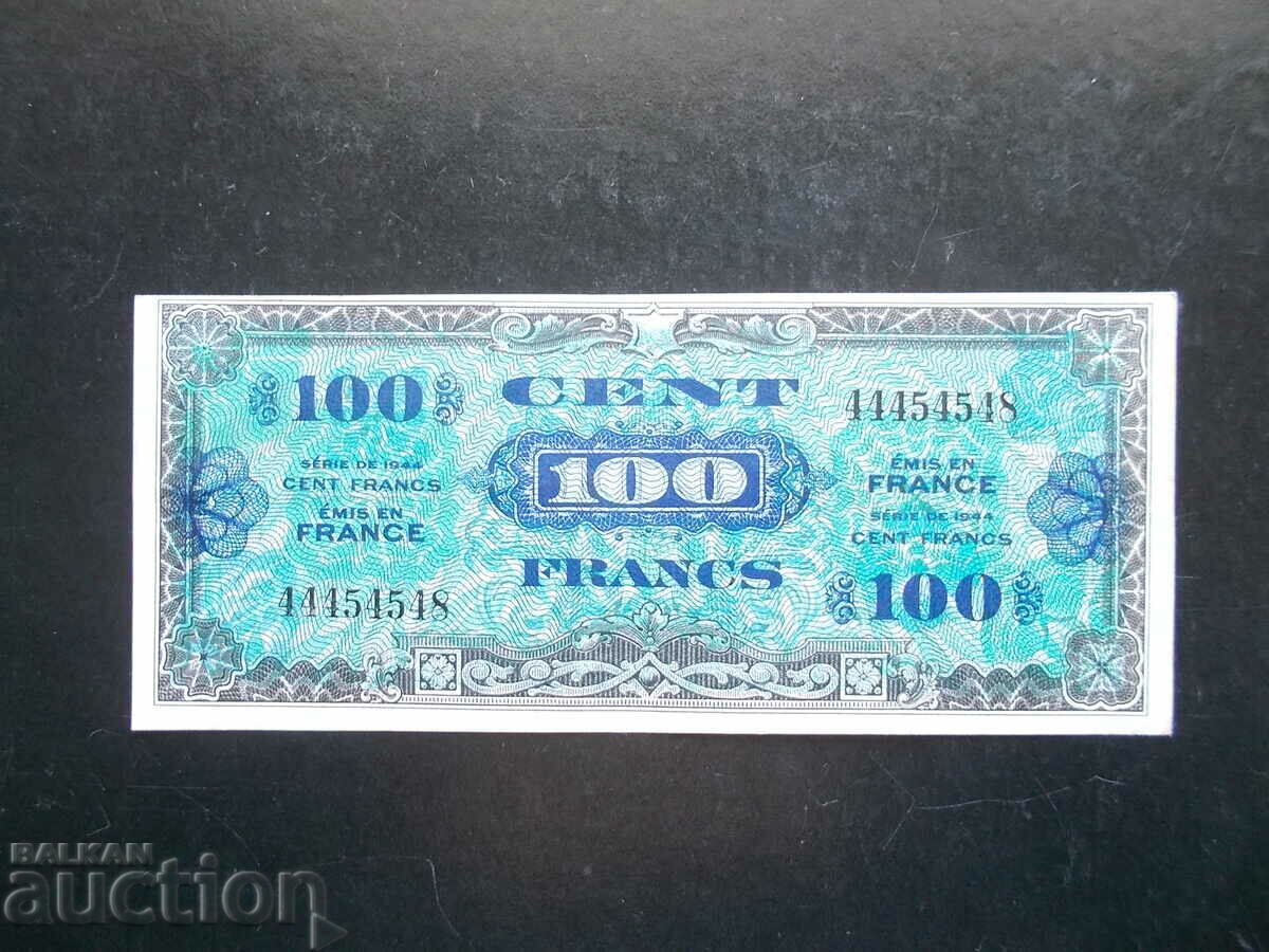 ФРАНЦИЯ , 100 франка , 1944 , с флага на гърба , рядка , AU-