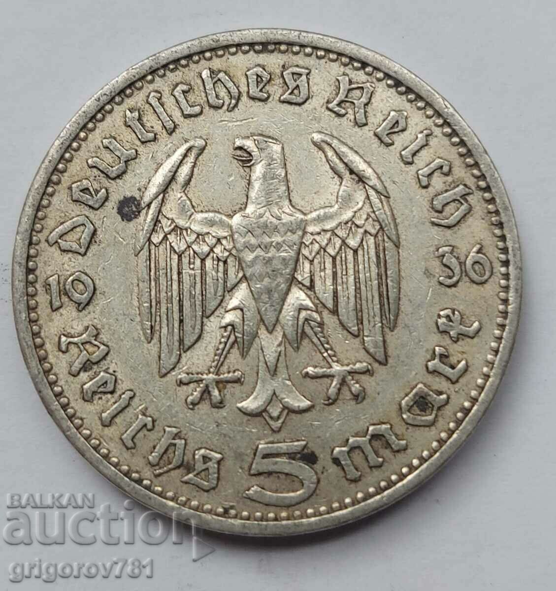 5 марки сребро Германия 1936 A III Райх  сребърна монета №35