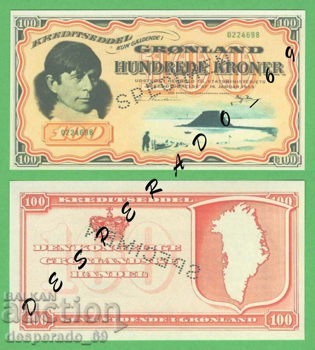 (¯`'•.¸(reproduction) GREENLAND 100 kroner 1953 UNC¸.•'´¯)