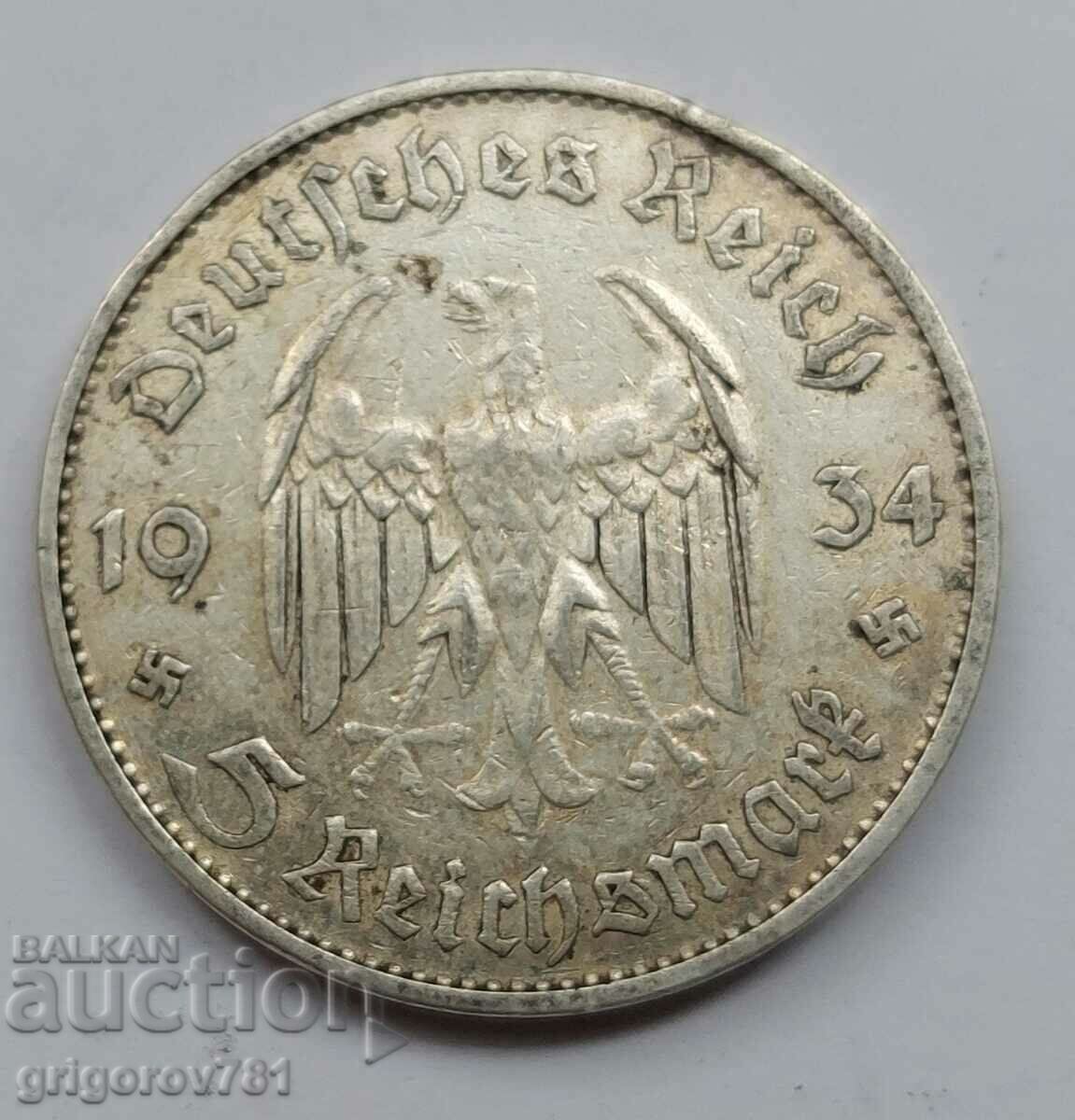 5 марки сребро Германия 1934 D III Райх  сребърна монета №73
