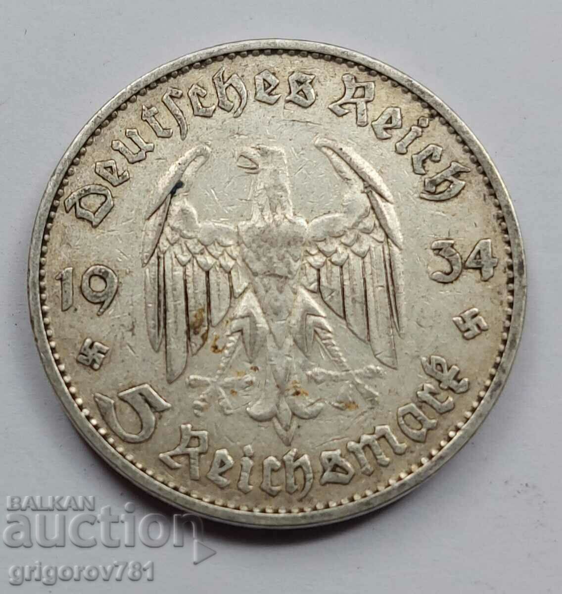 5 Mark Silver Γερμανία 1934 D III Ασημένιο νόμισμα του Ράιχ #74