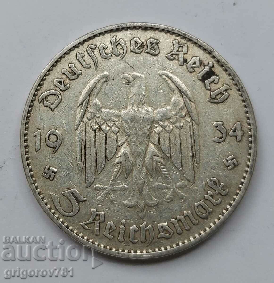 Moneda de argint 5 Mark Germania 1934 J III Reich #80