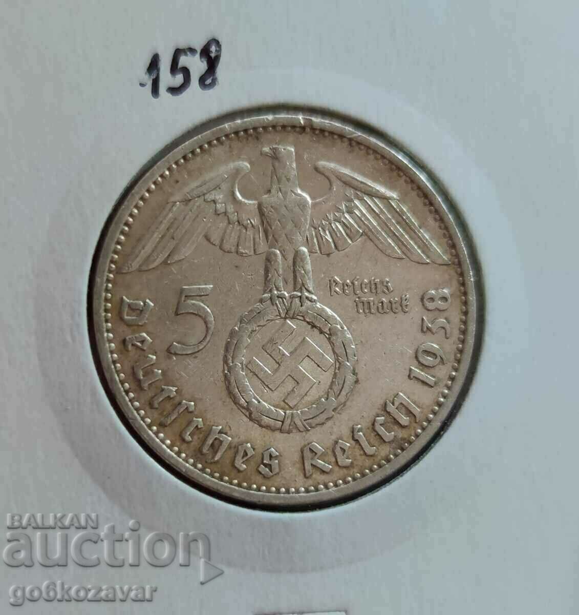 Германия Трети райх! 5 марки 1938г Сребро. Рядка F