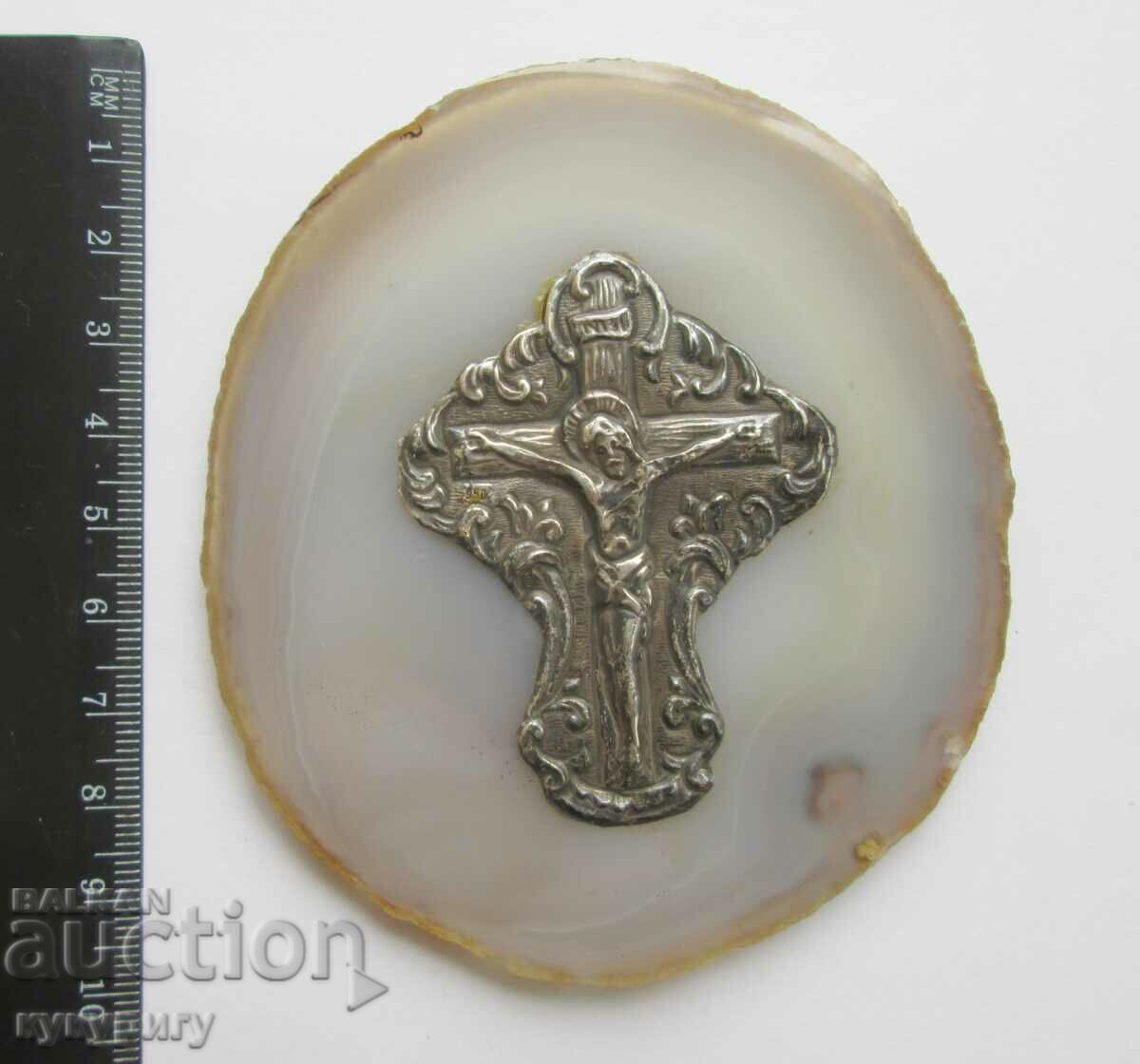 Παράδοση Παλιός ασημένιος σταυρός σε φυσικό πλακίδιο Αχάτη Παράδοση Παλιός ασημένιος σταυρός σε φυσικό πλακίδιο Αχάτη