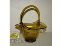 Glass basket hand blown yellow glass 19 cm, excellent