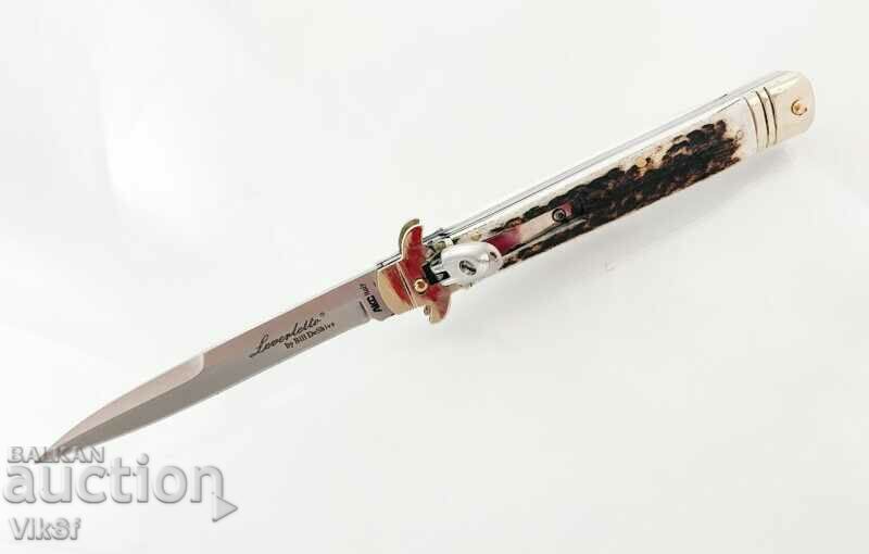 Cuțit automat pliabil - stiletto, cu mâner de coarne de cerb, cu preț 125.50 BGN | € 64.17