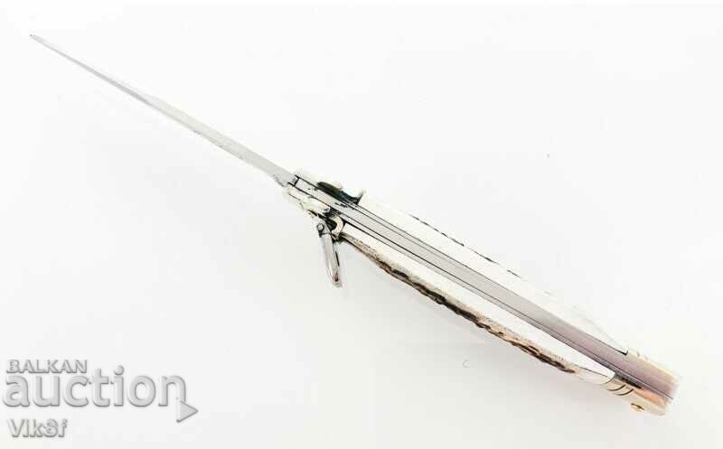 Cuțit automat pliabil - stiletto, cu mâner de coarne de cerb, - 5