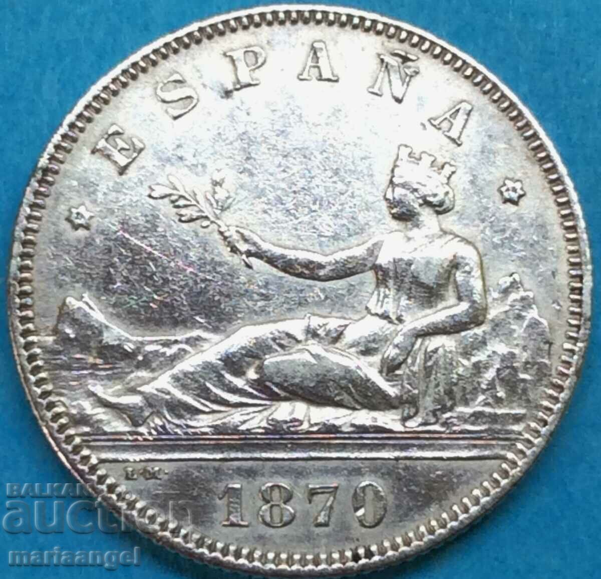 Spania 2 pesetas 1870 9,93 g argint