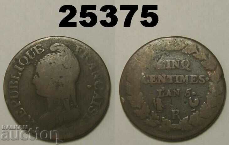 Moneda de cupru L'an 5 R de 5 centimes Franta