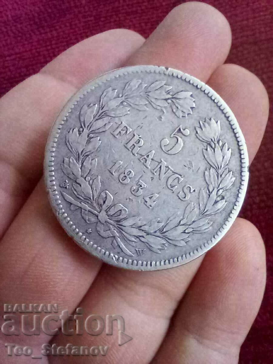 Аукцион 5 франка 1834 Франция сребро