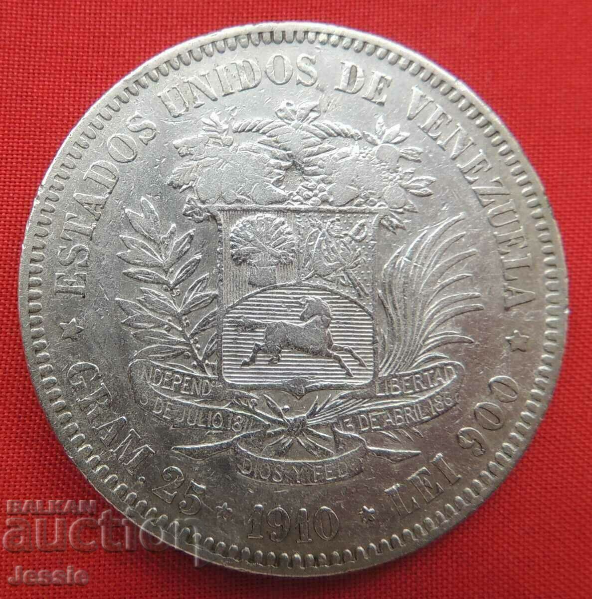 5 Bolivar 1910 silver Venezuela NO MADE IN CHINA !