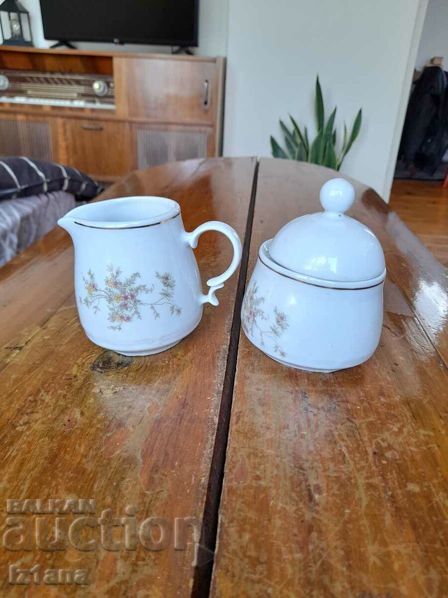 Old porcelain set, sugar bowl, jug with price 25.00 BGN | € 12.78 Old porcelain set, sugar bowl, jug with price 25.00 BGN | € 12.78