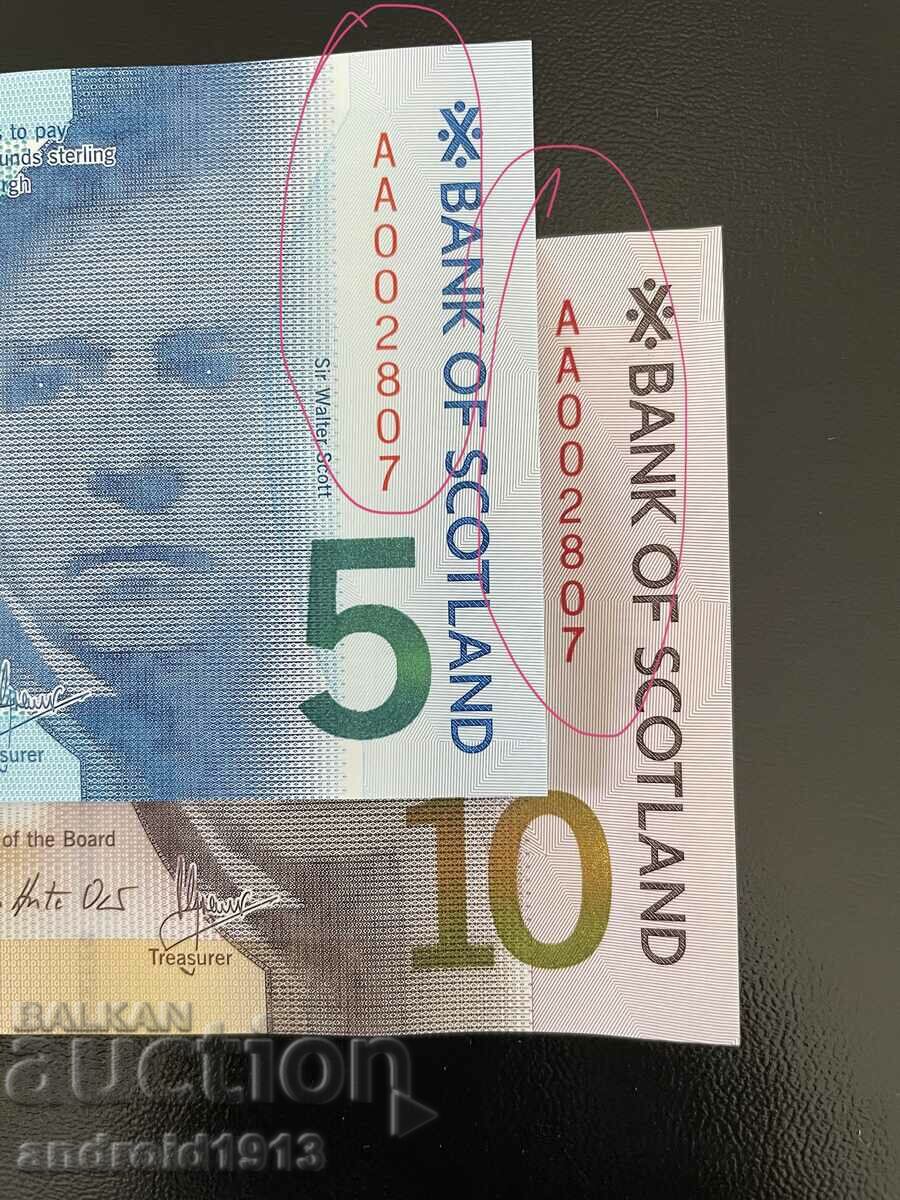 SCOTLAND - 5 & 10 POUNDS 2016 SAME SERIAL LOW NUMBERS - 6 SCOTLAND - 5 & 10 POUNDS 2016 SAME SERIAL LOW NUMBERS - 6