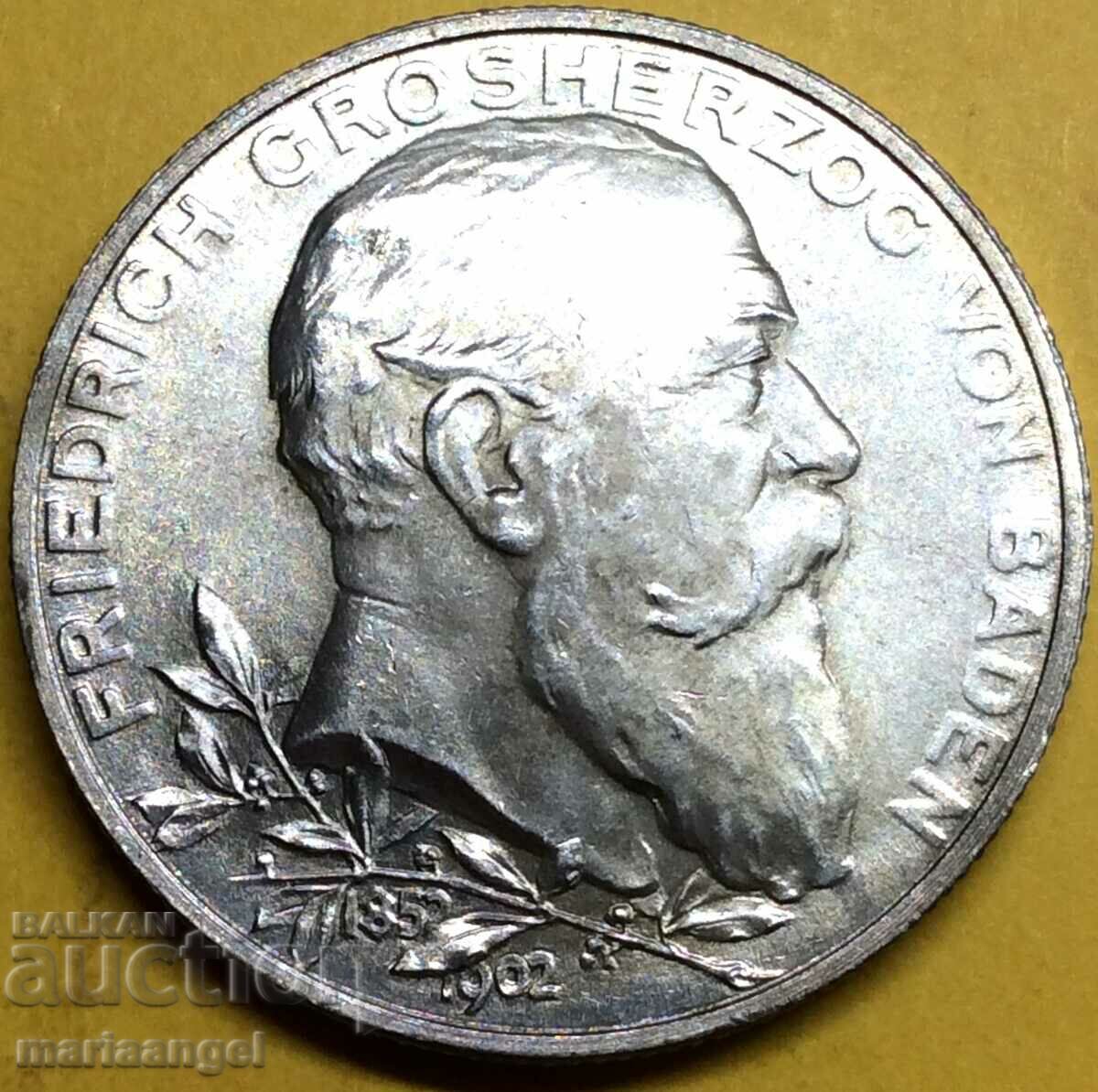 Баден 2 марки 1902 Германия 50 години на Фридрих UNC