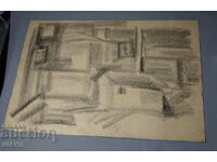 Old Master Drawing Charcoal Cityscape Houses
